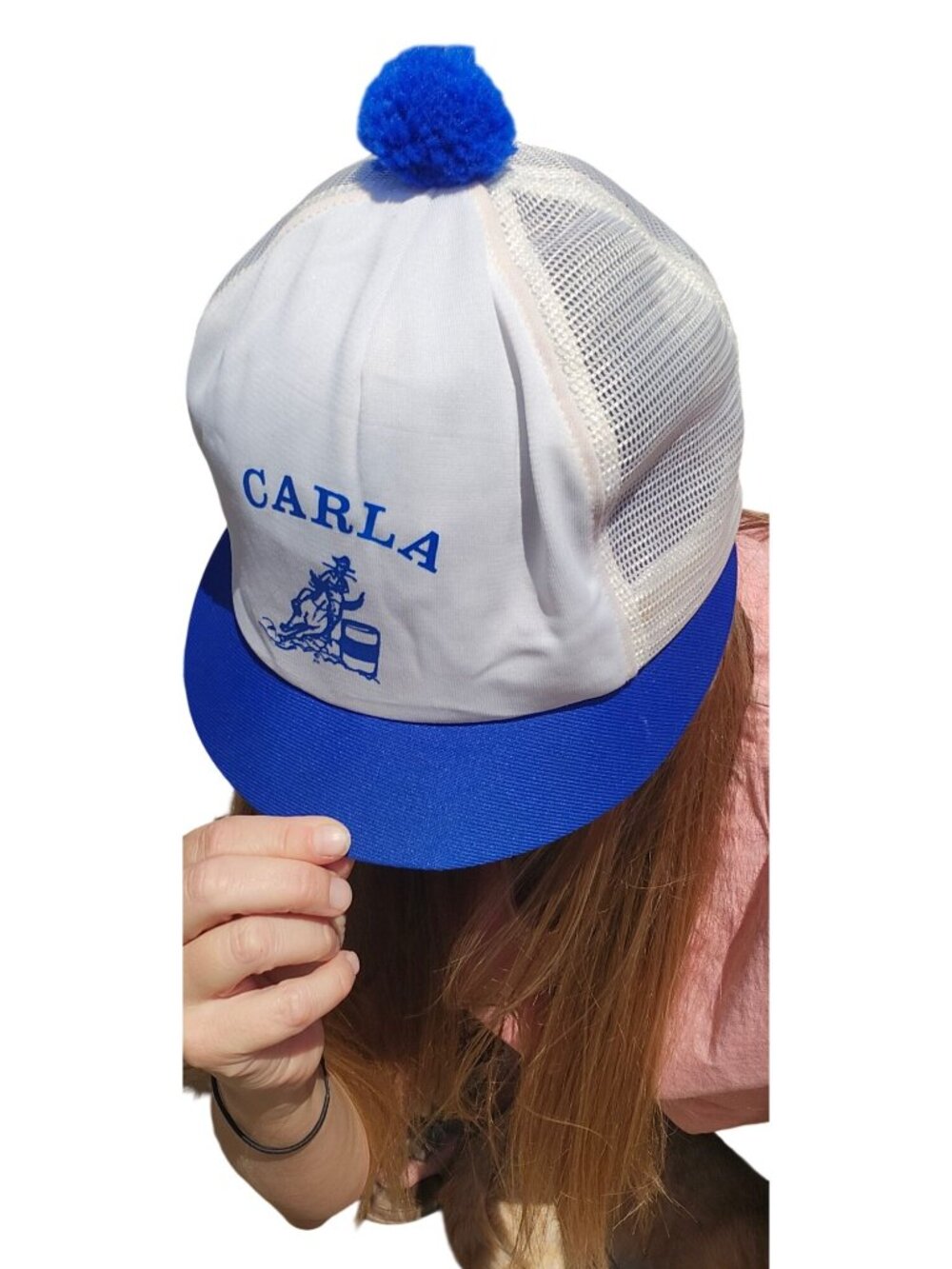 Vintage 70/80s Carla Barrel Racer Trucker Hat Rodeo Western Snapback Pom Pom Cap - Picture 4 of 8